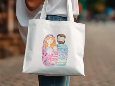 Matryoshka doll family illustration on white canvas tote bag.