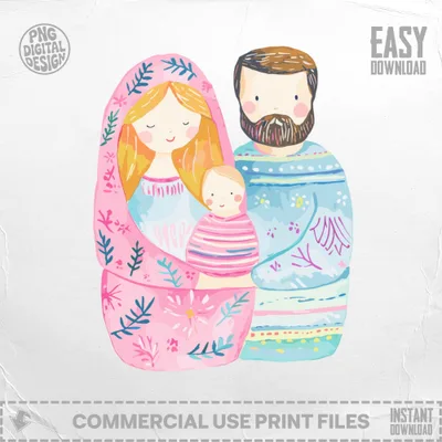 Family of three in nesting doll style, with text "EASY DOWNLOAD".