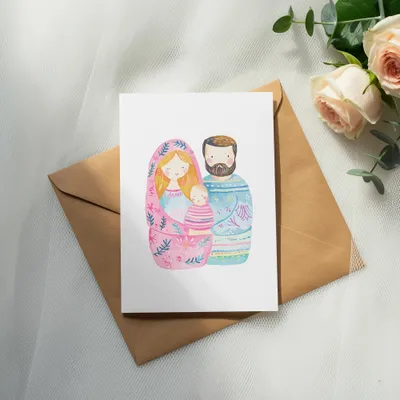Illustration of a family in matryoshka doll style on a card.