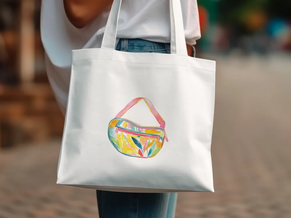 White tote bag with a colorful watercolor pouch illustration.