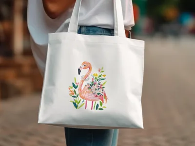 White canvas tote bag with a flamingo and floral design.
