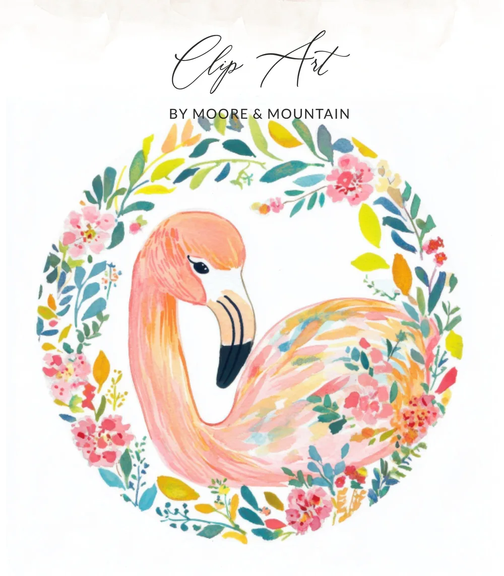 Pink flamingo in a floral wreath, "Clip Art by Moore & Mountain".