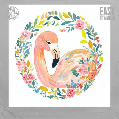 Flamingo illustration within a floral watercolor wreath with "EASY DOWNLOAD" text.