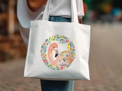 White tote bag with watercolor flamingo and floral wreath.