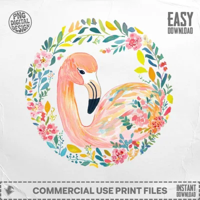 Pink flamingo in a watercolor floral wreath with "EASY DOWNLOAD" text.