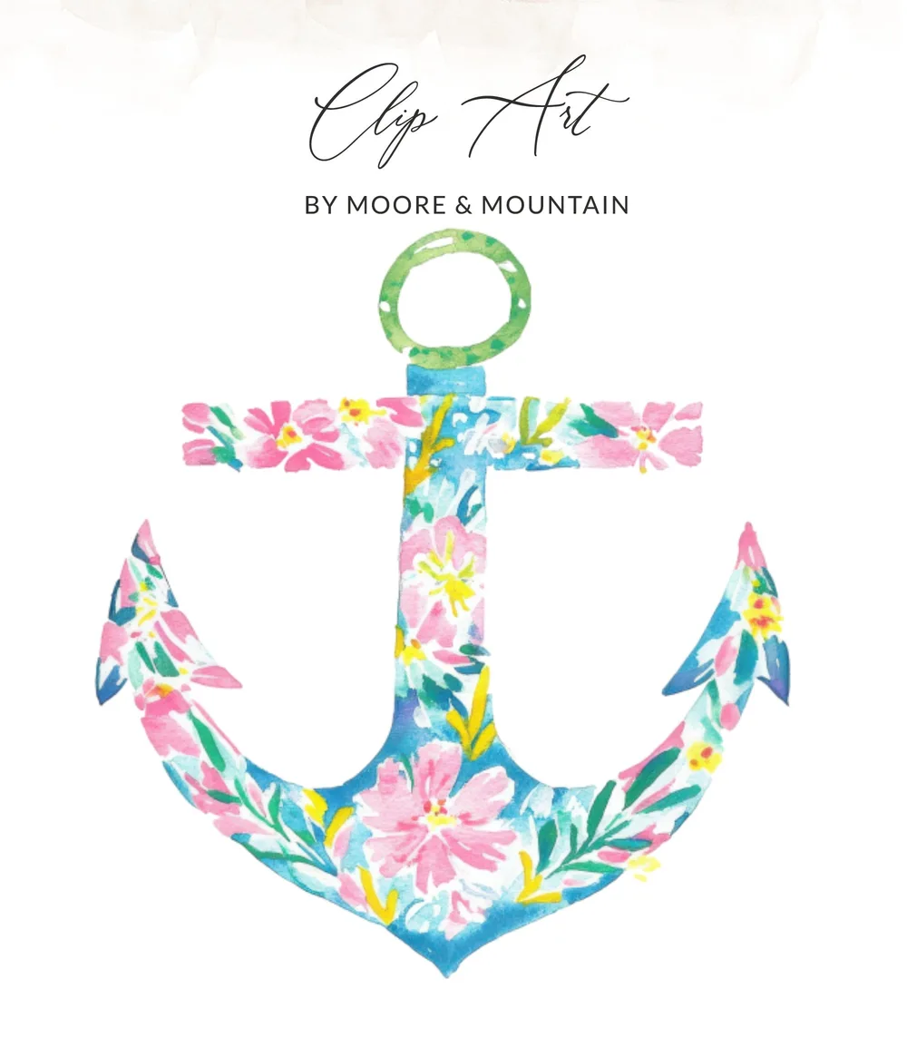 Anchor with floral watercolor pattern and "Clip Art by Moore & Mountain" text.