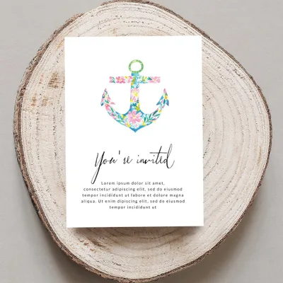 Invitation card with floral anchor illustration and "You're invited" text.