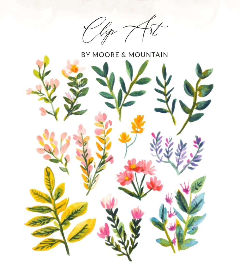 Watercolor clip art of various floral branches and leaves.