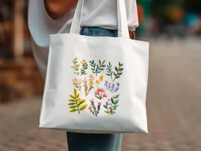 White tote bag with a watercolor floral botanical pattern.