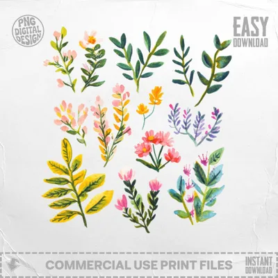 Watercolor floral illustrations and botanical elements, with "Easy Download" text.