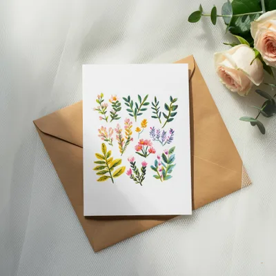 Watercolor floral illustrations on a greeting card on a brown envelope.