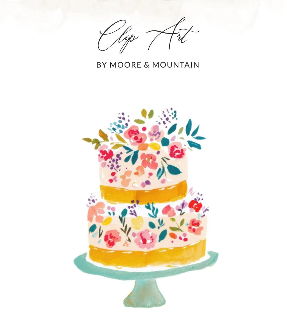 Watercolor two-tier cake with floral decorations, on a cake stand.