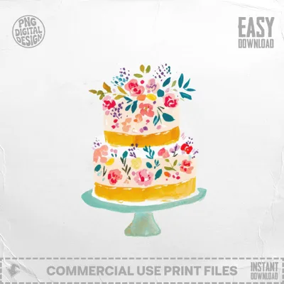 Two-tiered cake with colorful floral decorations on a teal stand.