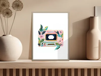Illustration of a pink cassette tape with floral details on a shelf.