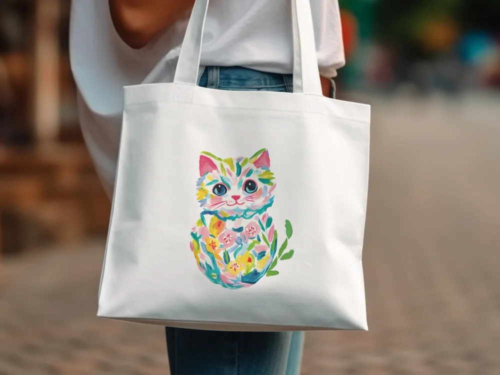 White tote bag with colorful floral kitten illustration.