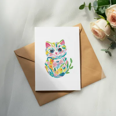 Watercolor cat illustration with floral accents on a card, next to an envelope.