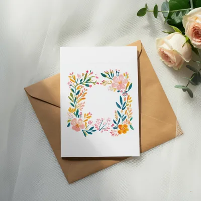 Blank floral greeting card on brown envelope with roses.