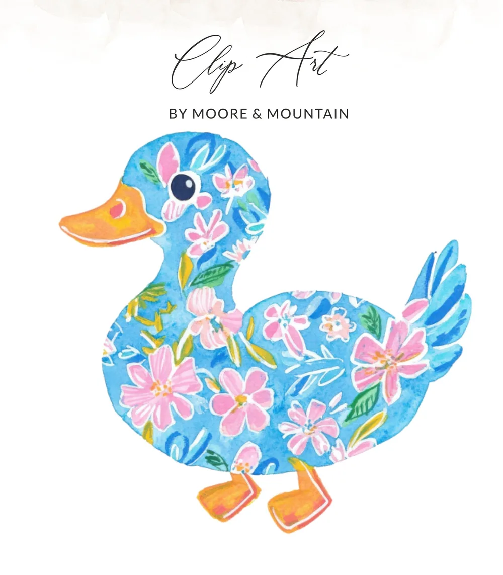 Blue duck clip art with pink floral pattern and white background.