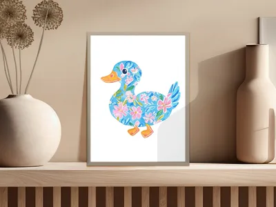 Watercolor illustration of a blue duck with pink floral patterns.
