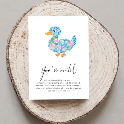 Card with a blue duck and floral pattern, inviting guests.