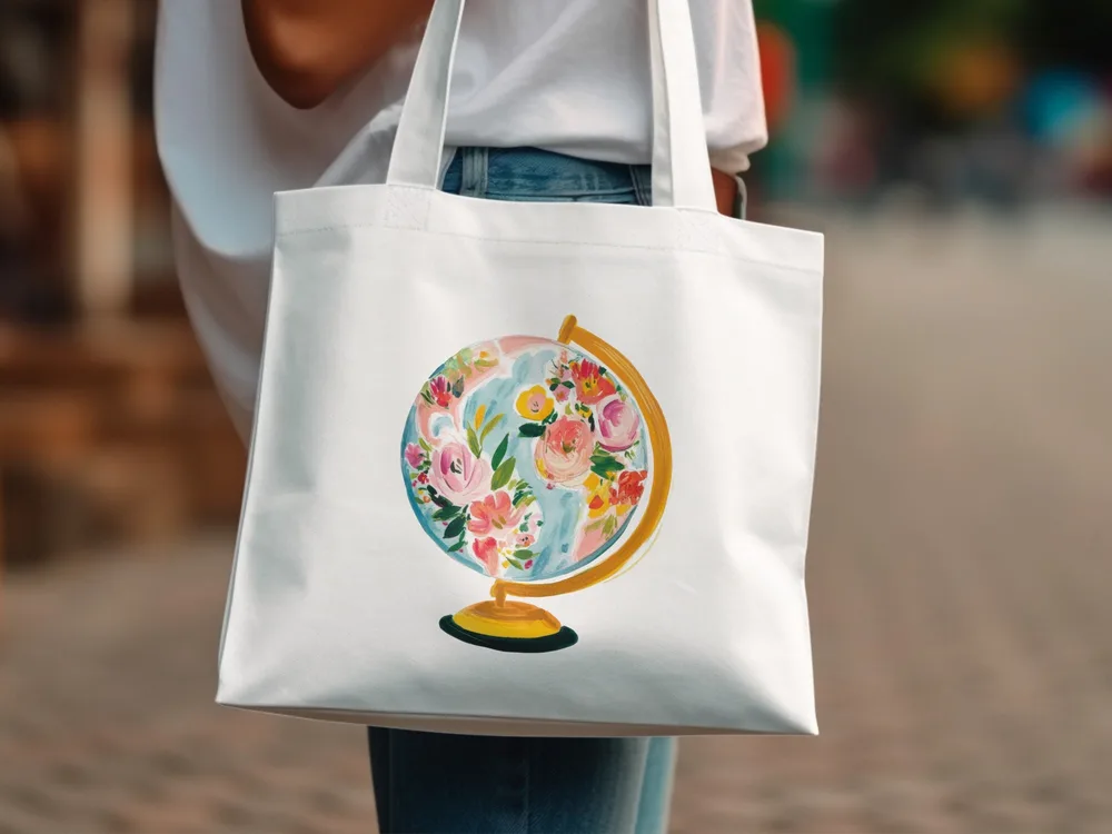 White tote bag with floral globe illustration on stand.