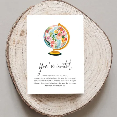 Invitation with floral globe illustration and placeholder text.