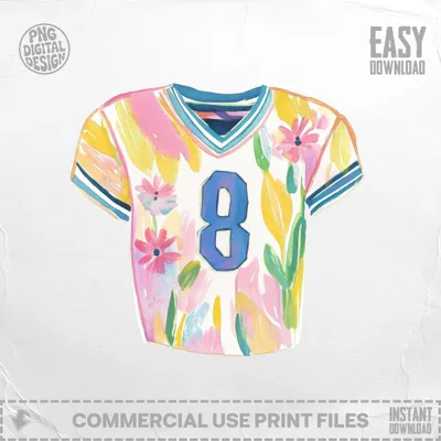 Watercolor athletic jersey with floral pattern and number 8.