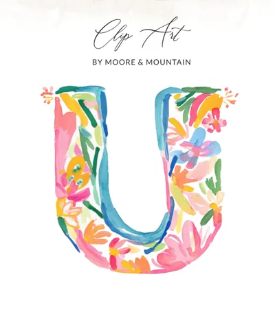 Preppy Floral Letter U SVG Digital File | Watercolor Initial Alphabet Clip Art | Vibrant Monogram Printable Design