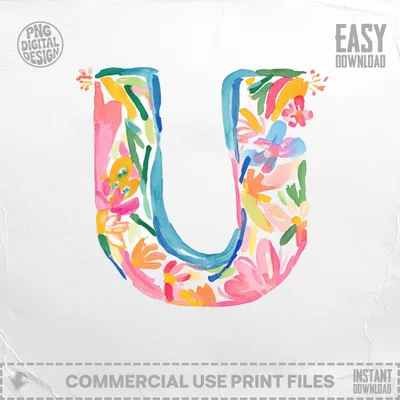 Letter U painted with bright pink, blue, and green floral watercolor design.