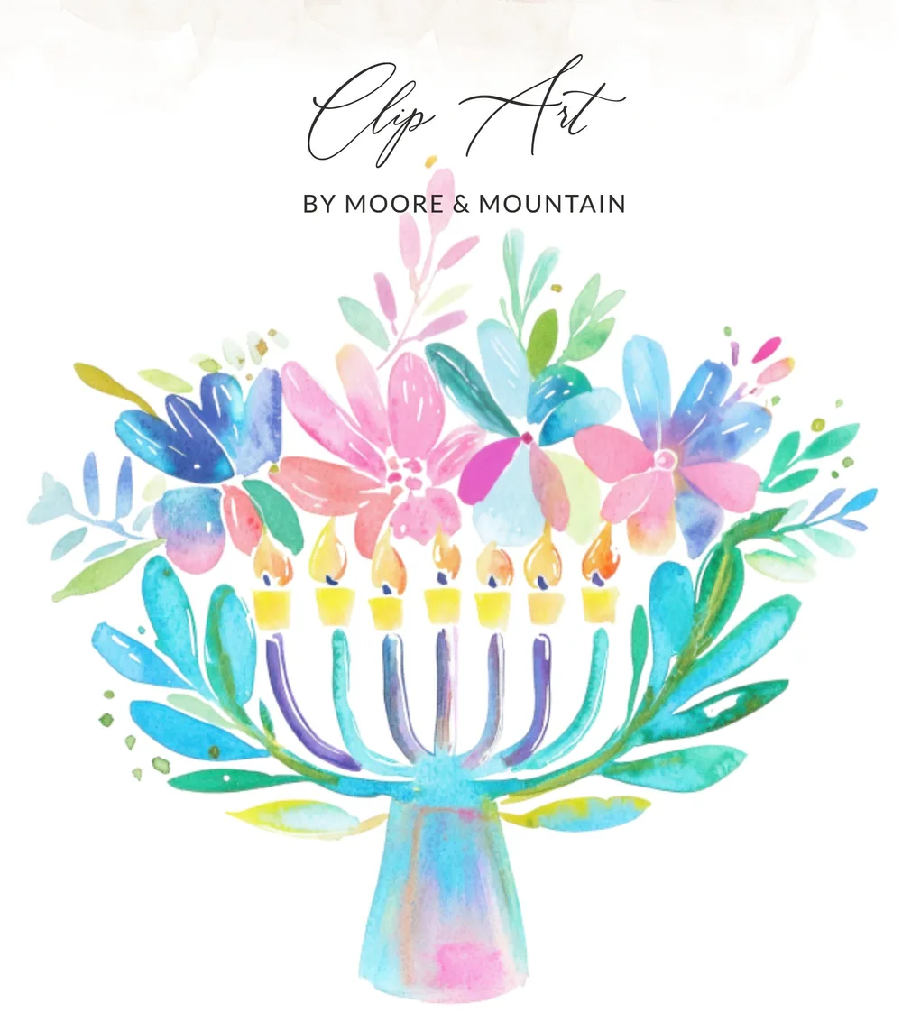 Preppy Floral Menorah Digital PNG, SVG, Gouache Watercolor Hanukkah Clipart, Painterly Pastel Artwork, Trendy Brushstroke Texture, Artsy SVG