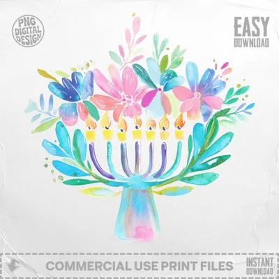 Preppy Floral Menorah Digital PNG, SVG, Gouache Watercolor Hanukkah Clipart, Painterly Pastel Artwork, Trendy Brushstroke Texture, Artsy SVG