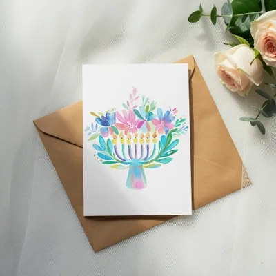 Preppy Floral Menorah Digital PNG, SVG, Gouache Watercolor Hanukkah Clipart, Painterly Pastel Artwork, Trendy Brushstroke Texture, Artsy SVG