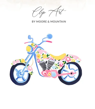Preppy Floral Motorcycle PNG SVG, Gouache Style Illustration, Preppy Clip Art Preppy Graphic, Painterly Pastel Artwork, Artsy Girly Clipart SVG