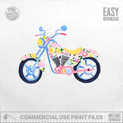 Pink watercolor motorcycle with colorful floral pattern and "EASY DOWNLOAD" text.