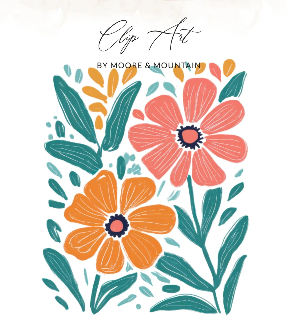 Orange and coral flowers with teal leaves, text "Clip Art by Moore & Mountain".