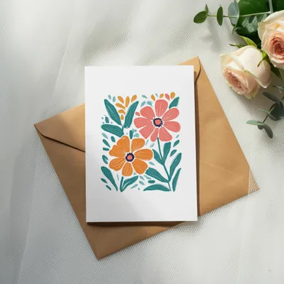 Card with two flowers, orange and pink, on a brown envelope.