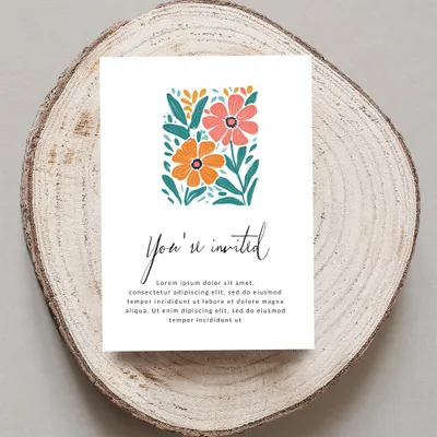Invitation card with floral illustration and "You're invited" text.