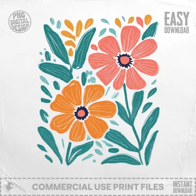 Hand-drawn coral and orange flowers with teal leaves.