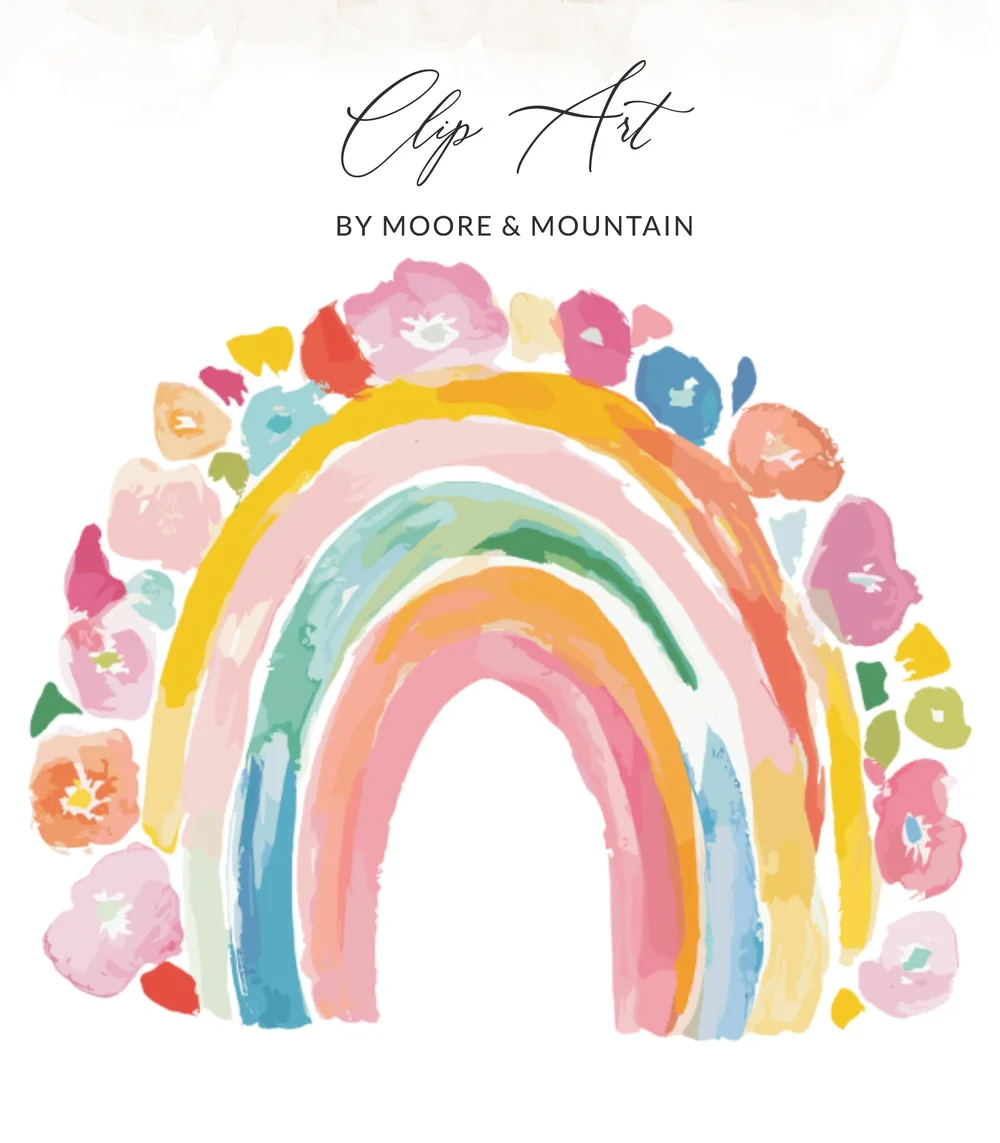 Watercolor rainbow with colorful flowers, "Clip Art by Moore & Mountain".