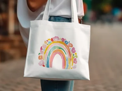 White tote bag with colorful floral rainbow design.