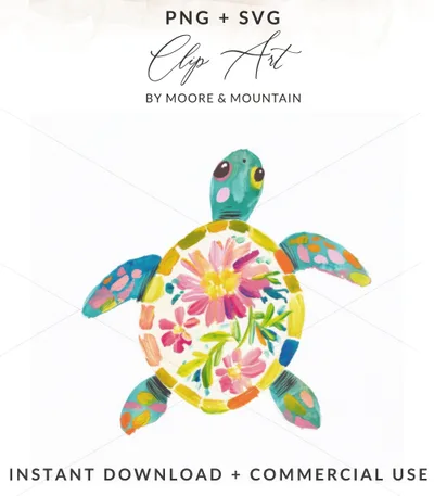 Watercolor turtle with floral pattern, "PNG + SVG BY Moore & Mountain".