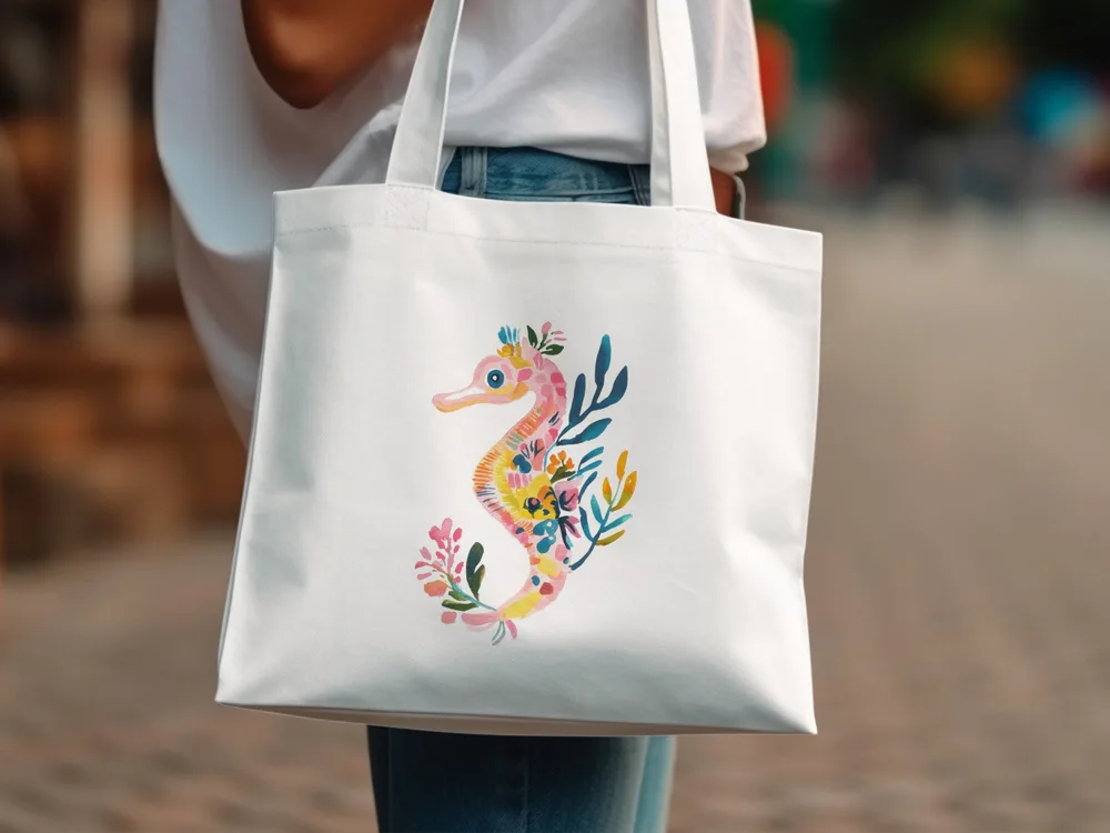 White tote bag with a colorful watercolor seahorse and floral design.