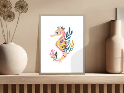 Watercolor illustration of a colorful seahorse with floral accents on a light background.