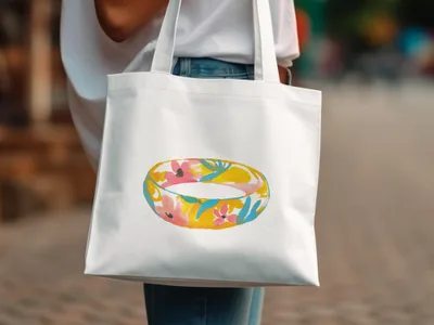 White tote bag with a colorful floral watercolor design.