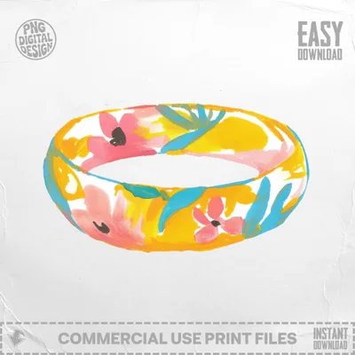Yellow bracelet with pink flowers and blue leaves, digital download.