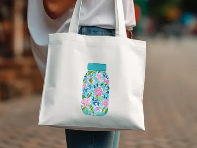 White tote bag with a floral jar design.