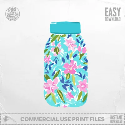 Turquoise mason jar with a floral pattern of pink flowers and blue leaves.