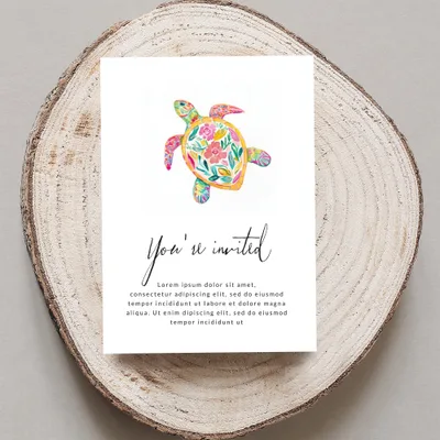 Invitation card with colorful sea turtle illustration and "You're invited" text.