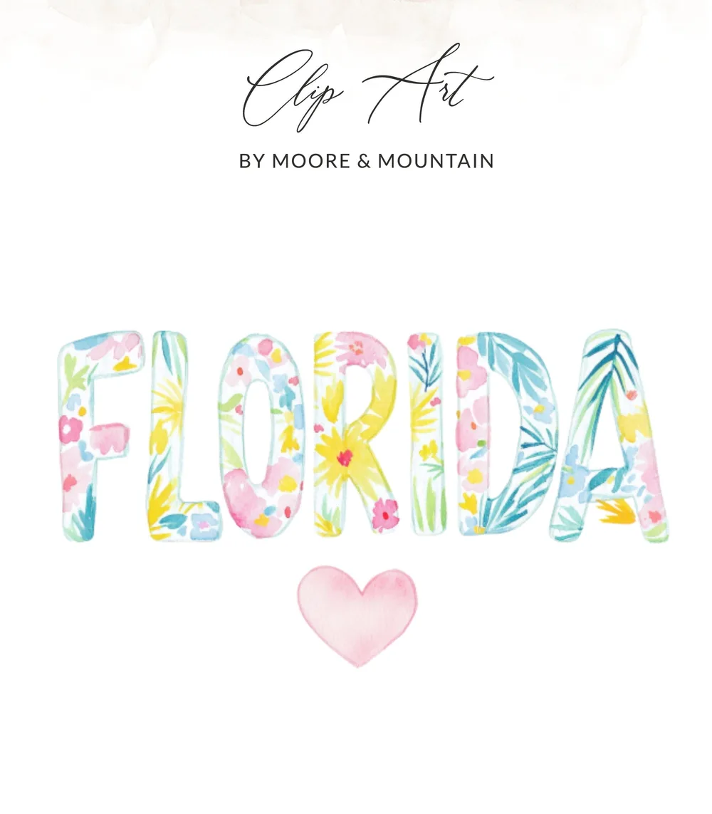 Preppy Florida SVG PNG Digital, Watercolor Floral Letters, Gouache Style Illustration, Trendy Pastel Artwork, Artsy Girly Clipart, Whimsical SVG