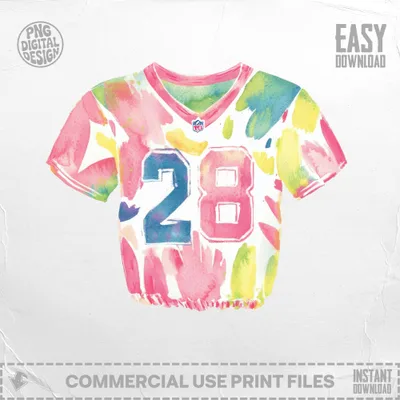 Watercolor-style t-shirt with "28" and NFL logo, pink and blue colors.